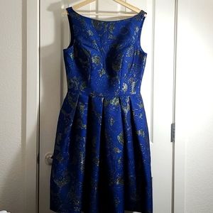 Navy Blue Brocade Tea Length Dress